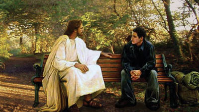 Jesus sitting with a young man