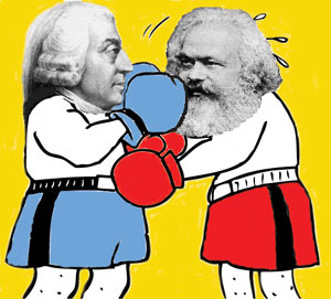 Adam Smith and Karl Marx boxing