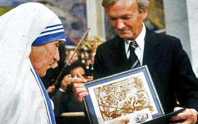 Mother Teresa receiving the Nobel Peace Prize