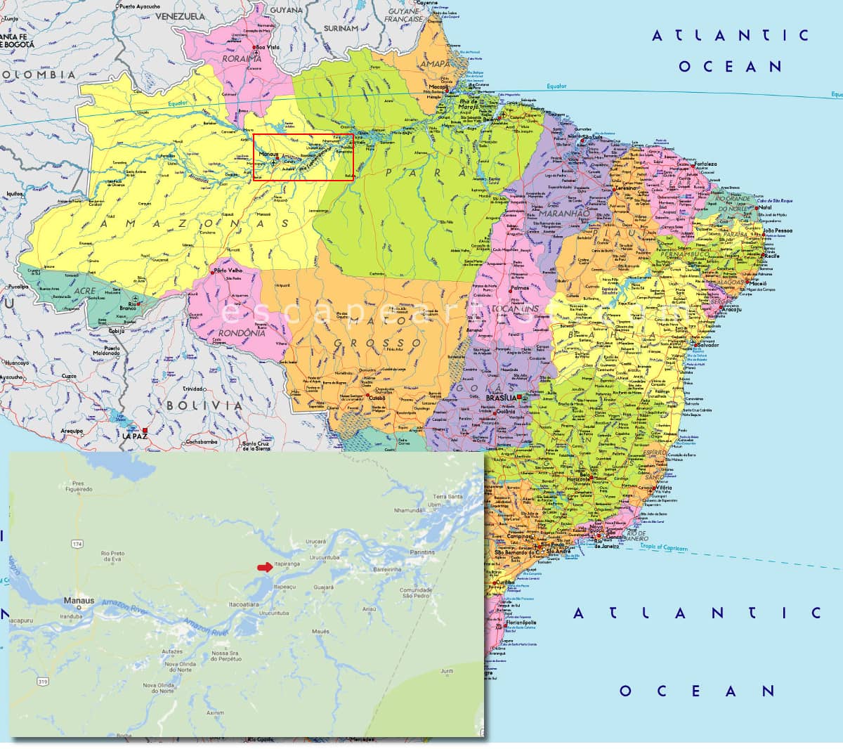 Map of Brasil showing location of Itapiranga