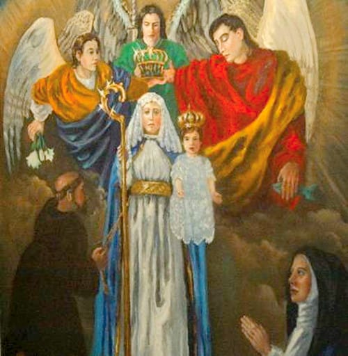 St. Michael, Gabriel, and Raphael, raised the royal crown over the head of Our Lady of Good Success