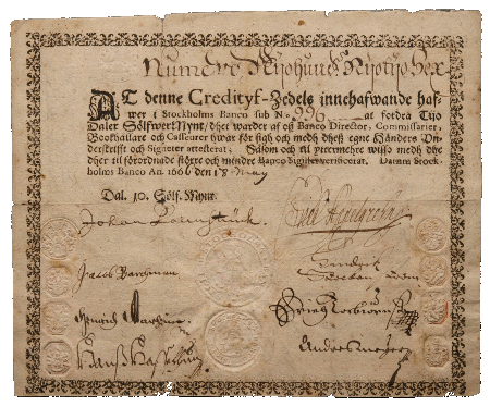 Swedish Stockholm bank note 1666